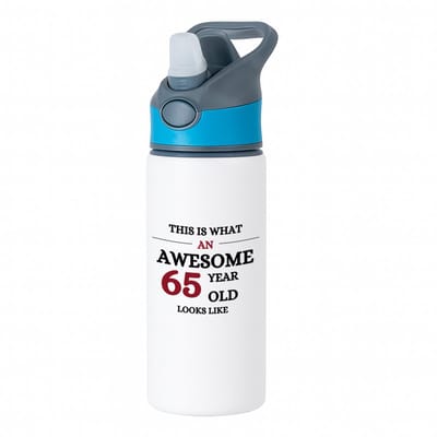 Hacebo® - An awesome 65 year waterfles met rietje blauw - Hoera 65 jaar - 65 geworden - verjaardagscadeau - cadeau voor opa - water fles - 650ML