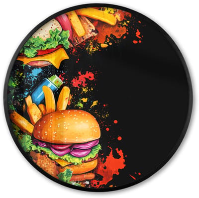 Poster in lijst Rond - Fotolijst 60x60 cm - Posters - Fastfood - Graffiti - Hamburger - Eten - Modern - Ronde posterlijst zwart - Decoratie - Wanddecoratie woonkamer - Muurdecoratie slaapkamer