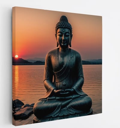 Saammp Canvas Schilderij - Boeddha bij het water tijdens Zonsondergang - 20x20 - Foto op canvas - Wanddecoratie - Muurdecoratie Woonkamer - Canvas schilderijen
