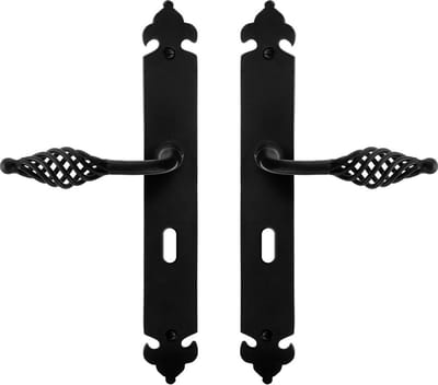 Deurkruk op schild - Smeedijzer zwart - Gietijzer - GPF - GPF6265.60 smeedijzer zwarte Deurklink Tane op BB56, 291x41x4mm