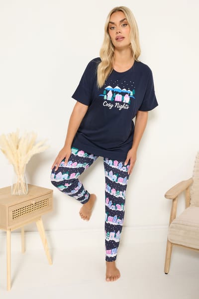 Yours Marineblauwe 'Cozy Nights' Pyjamaset Met Manchetten Size 42-44