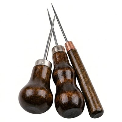 Bruin en zilverkleurig leergereedschap priem set unisex 3 delige priem naalden met houten handvat en metalen punt voor leer naaien schoen reparatie en handwerk