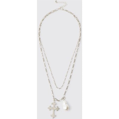 Cross and Faux Pearl Layered Necklace in Silver