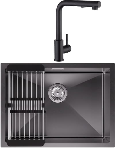 CECIPA max Spoelbak voor keuken 60X44CM Antraciet - Spoelbakken Keuken Met Keukenkraan - Enkele spoelbak RVS - Spoelbakken met Uittrekbare Afvoermand - Voor 60 cm kast