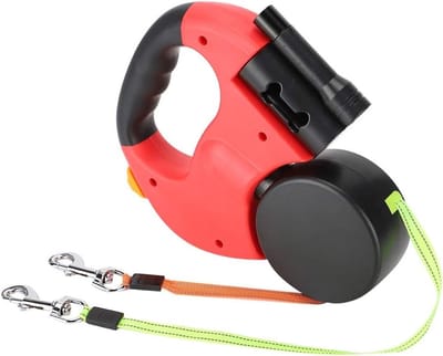 Dubbele Inklapbare Hondenriem met Flexibiliteit en LED Licht voor Twee Honden, Reflecterende Hondenlijn in Rood voor Veiligheid en Comfort