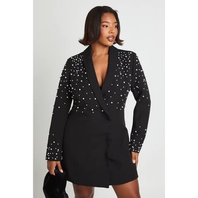 boohoo Dames Plus Parel Versierde Blazerjurk | Zwart | Maat: 44