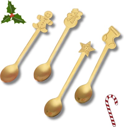 Vrolijke Kerst Lepeltjes set - 4x Theelepel/Koffielepel met kerstfiguren - RVS goud - 17CM