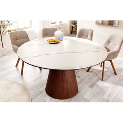 Ronde tafel walnoot zuil wit keramiek marmer look 120cm