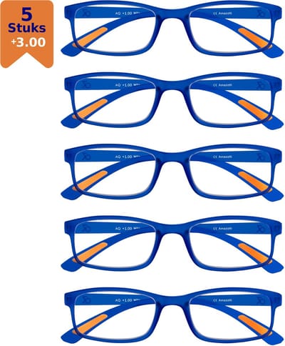 Amazotti Milano Leesbrillen +3.00 – Set van 5 – Trendy & Comfortabel – Italiaans Design – Lichtgewicht Kunststof – Dames & Heren – Blauw – Leesbril met Sterkte