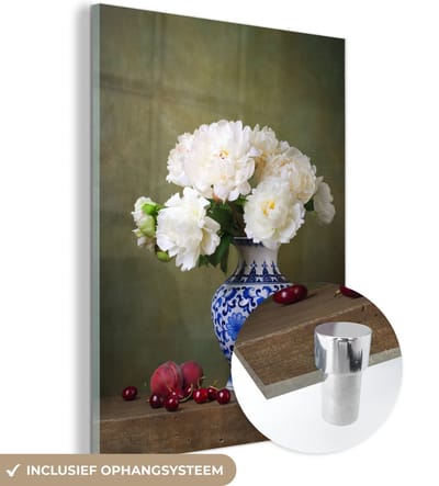 MuchoWow® Glasschilderij 30x40 cm - Schilderij acrylglas - Pioenrozen - Vaas - Chinees - Foto op glas - Schilderijen
