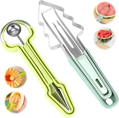 3-in-1 Fruit Snijder voor Meloen, Dubbele Hoofd Watermeloen Cutter, RVS Fruit Snijgereedschap voor Cantaloupe, Papaja en Drakenfruit