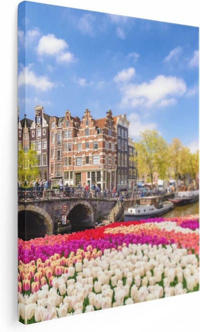Artaza Canvas Schilderij Tulpen - 30x40 cm - Klein - Wanddecoratie Amsterdamse Grachten - Muurdecoratie Bloemen - Kamer Accessoires Stad