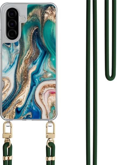 Hoesje met koord geschikt voor Samsung Galaxy A56 - Magic marble - Inclusief Groen koord - Crossbody beschermhoes - Transparant, Multi - Mooie Telefoonhoesjes