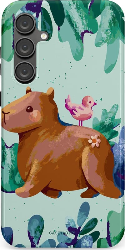 Casetastic Hoesje Geschikt voor Samsung S23 FE - Stijlvolle Beschermende Duo-layer Case - Capibara Vogeltjes Vriend