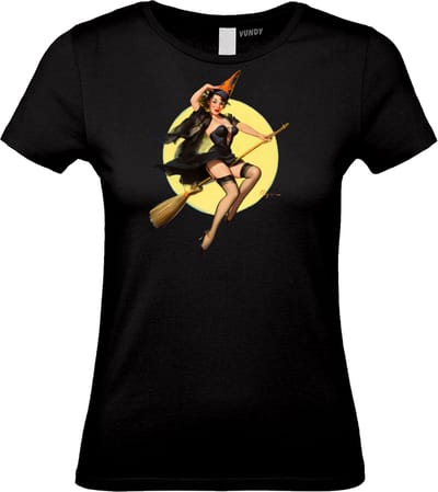 Dames t-shirt Heks PinUp | Halloween Kostuum Volwassenen | Halloween | Foute Party | Zwart dames | maat XS