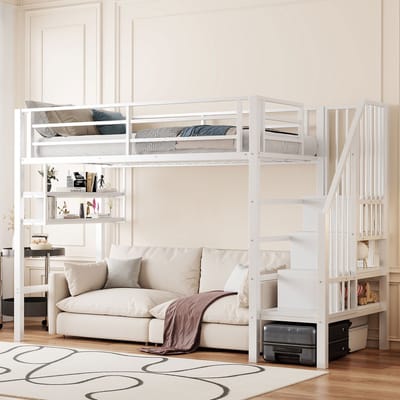 Wishdor Luxe Hoogslaper 90x200 cm - Met Opbergtrap & Wandplanken - Robuust Metaal - Wit (Vanaf 6 Jaar)