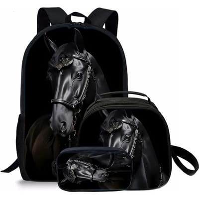 Set van 3 Stuks Paard Ronde Lunchtassen Etui Schooltassen Voor Jongens/Meisjes Beste Cadeaus 2D Platte Cartoon Rugzak Voor Kinderen black