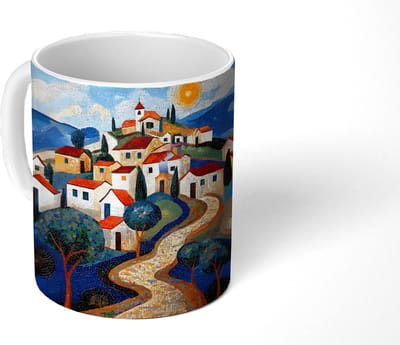 Mok - Koffiemok - Dorp - Heuvelachtig - Zon - Mozaïek - Mokken - 350 ML - Beker - Koffiemokken - Theemok