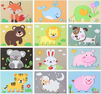 12 Stuks Mozaïek Knutselsets Dieren Stickers voor Kinderen, Creatieve 3D DIY Handgemaakte Foam Puzzels en Zelfklevende Cartoon Stickers