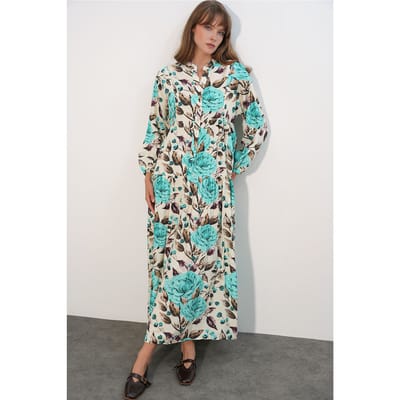 Bloemen Maxi Jurk Met Mandarin Kraag