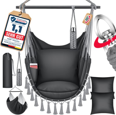 KESSER® Hangstoel Safari XXL met 2 kussens, drankhouder & boekenrek voor Binnen en Buiten tot 150 kg - Antraciet