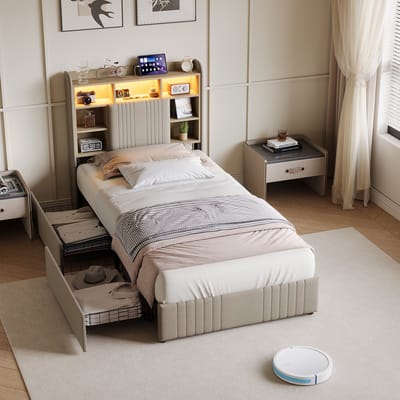 Kinderbed gestoffeerd 90x200cm met LED & USB & 2 lades, moderne opbergruimte aan het hoofd, meisjesbed, jeugdbed, linnen stof, lattenbodem, zonder matras
