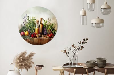 WallCircle - Wandcirkel - Muurcirkel - Stilleven - Kruiden - Specerijen - Fruit - Kleurrijk - Aluminium - Dibond - 90x90 cm - Binnen en Buiten