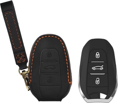 kwmobile Echt leren sleutelhoes voor Peugeot Citroen 3-knops Smartkey autosleutel (alleen Keyless Go) - Premium autosleutel cover - Beschermhoes voor Smart Key - Leren sleutelcase zwart