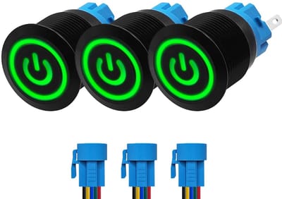 ProRide Drukschakelaar ON-OFF 220V - 19mm Metaal - Waterdicht - LED Groen - Met Kabels - 3 stuks