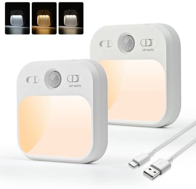 GELLDG 2 stuks nachtlampjes - met bewegingssensor - oplaadbaar via USB-C - LED-nachtlampje - instelbare helderheid - 3 standen (automatisch/uit/aan) - geschikt voor kinderkamers, gangen en trappenhuizen.