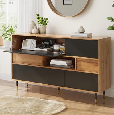 STILVORA Dressoir - Tweekleurig Met 2 Lades En Open Vak - Voor Woonkamer Eetkamer En Hal - MDF En Spaanplaat - 140x40x84,5 Cm - Zwart;Naturel