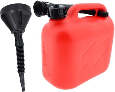 Jerrycan rood voor olie en brandstof van 5 liter met een handige grote trechter van 39 cm