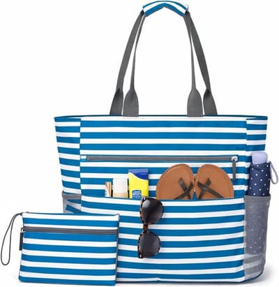 Grote strandtas voor dames (XL) – Shopper met zijvakken en ritssluiting – Winkel-/zomertas – 40 x 40 cm – Ideaal voor vakantie en strand – Blauw-wit