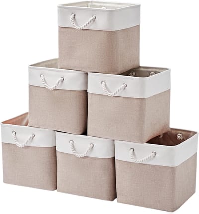 Famanu – Kubusvormige opbergbakken, 28 x 28 x 28 cm, 6 stuks grote opvouwbare stoffen opbergdozen met touwen, opvouwbare opbergkubussen voor thuis, kantoor, kast, kleding, speelgoedorganizer (wit en
