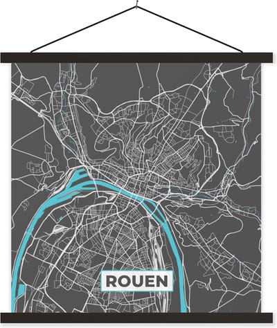 Posterhanger incl. Poster 60x60 cm - Schoolplaat - Frankrijk - Plattegrond - Rouen - Kaart - Stadskaart - Textielposter - Zwarte latten - Stadskaart