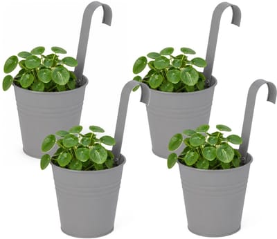 Progarden Bloempotje met haak - 4x - plantenbak zink met ophanghaak - grijs - 20 x 13 x 26 cm - ophangbaar - Balkon/schutting plantenpot