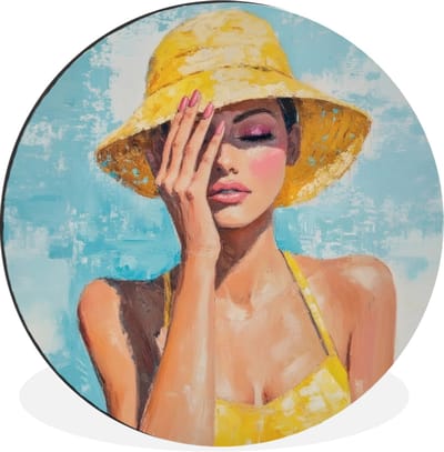 WallCircle - Wandcirkel - Muurcirkel - Schilderij - Vrouw - Hoed - Geel - Aluminium - Dibond - 30x30 cm - Binnen en Buiten