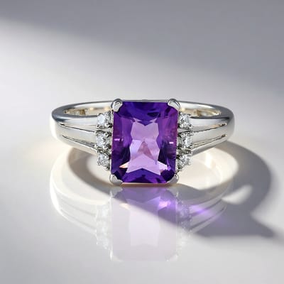 Cavill - Zilveren ring 925 Sterling zilver platina - Uruguay amethist 1,7 ct radiant geslepen - Cambodjaanse zirconia 0,13 ct - Elegant en verfijnd