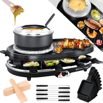 KESSER® Gourmetstel 3in1 Raclette Grill met natuurlijke grillplaat en fondue, Gourmetset tafelgrill voor 8 personen, elektrische Grill anti-aanbak bakplaat, 8 pannetjes en houten spatel - incl.Fondue