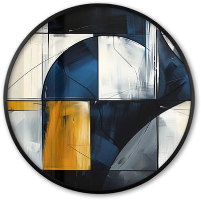 Poster in lijst Rond - Fotolijst 60x60 cm - Posters - Abstract - Vormen - Goud - Blauw - Geometrisch - Ronde posterlijst zwart - Decoratie - Wanddecoratie woonkamer - Muurdecoratie slaapkamer