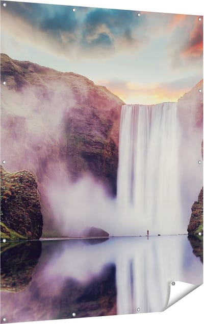 Gards Tuinposter Waterval met een Weerspiegeling in het Water - 120x160 cm - Tuindoek - Tuindecoratie - Wanddecoratie buiten - Tuinschilderij