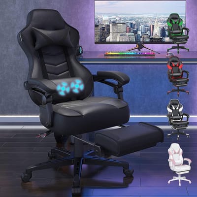 Puluomis - Gaming Stoel - 135° Verstelbare Rugleuning - Gaming Stoel met inklapbare Voetsteun - racerstijl - Geïntegreerde Armleuningen - Maximale Belastbaarheid 150kg - Zwart