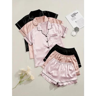 3 Sets Satijnen Pyjama Set voor Dames Zomer Nieuw Korte Mouw Revers Top & Elastische Tailleband Shorts Set Dames Nachtkleding Loungewear M black