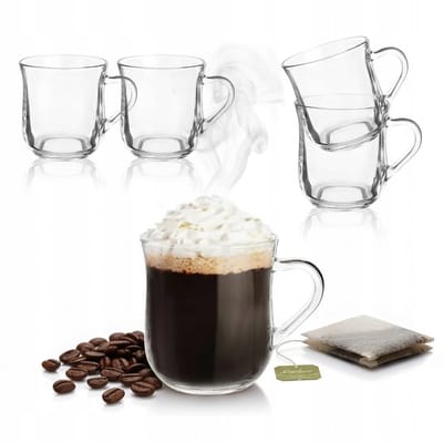 Set van 6 Glazen Mokken 330 ml met Oor voor Koffie & Thee