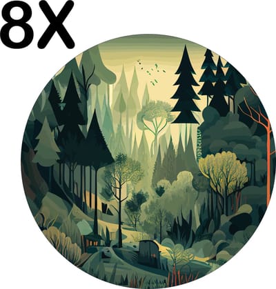 Luxe Ronde Placemat - Getekend Groen Bos Landschap - Set van 8 Placemats - 50x50 cm - 2 mm dik Vinyl - Anti Slip - Afneembaar