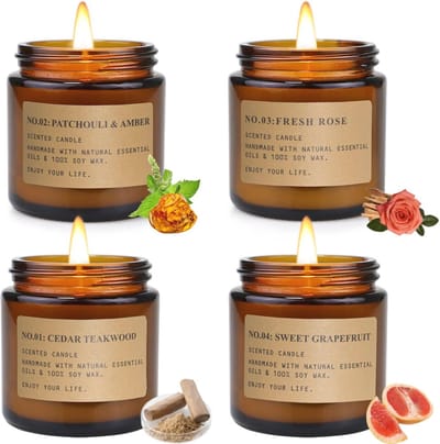Geurokaarsen Cadeauset - 4 Pack 100gr Sojawas - Aromatherapie Met Rozen, Teakhout, Mos En Grapefruit - Langdurige Thuisgeur - Relaxte Kaarsen Voor Vrouwen