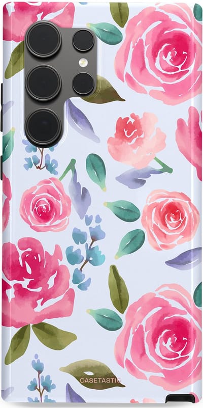 Casetastic hoesje geschikt voor Samsung Galaxy S24 Ultra - Dubbellaagse bescherming - Aquarel Bloemendroom - Fashion Case - Lichtblauw Lichtroze