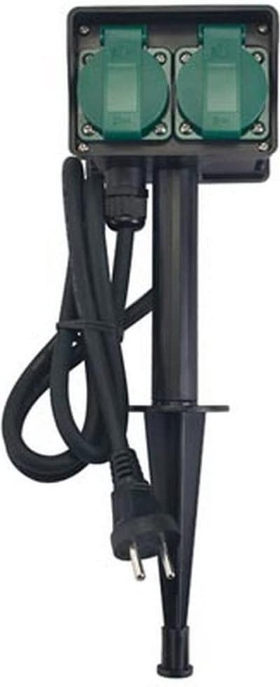 Perel Stekkerdoos voor buiten, aardspies, 2 stopcontacten met randaarde (type F), 2 klapdeksel, kabel 1.5 m, 3G1.5, IP44, zwart/groen
