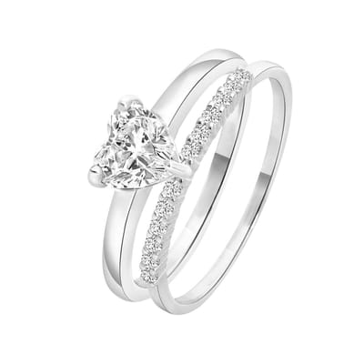 Lucardi Dames Dubbele ring met zirkonia hart - Ring - Cadeau - Echt Zilver - Zilverkleurig