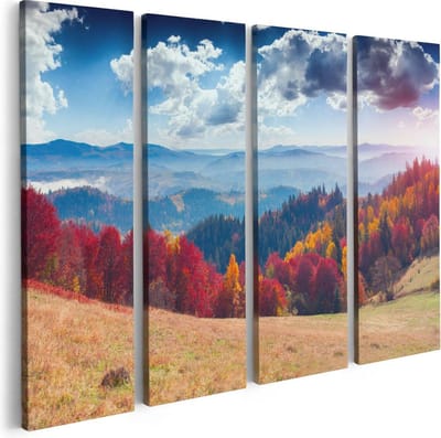 Artaza Canvas Schilderij Vierluik Kleurrijke Herfstbos Met Heuvellandschap - 80x60 - Foto Op Canvas - Canvas Print